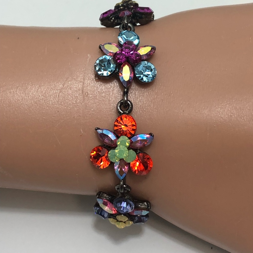 Vintage Tiara Misu  Multicolor Square Crystal Link Bracelet Gunmetal Y2K Sz  7
